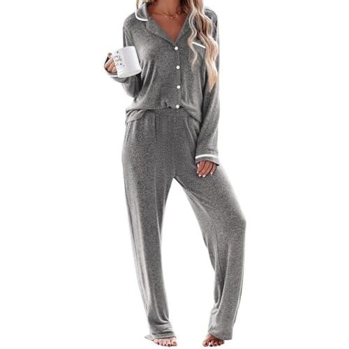 Ekouaer Women's Pajama Sets Long Sleeve Button Down 2 Piece Pjs Soft Lounge Sets Notch Collar Sleepwear