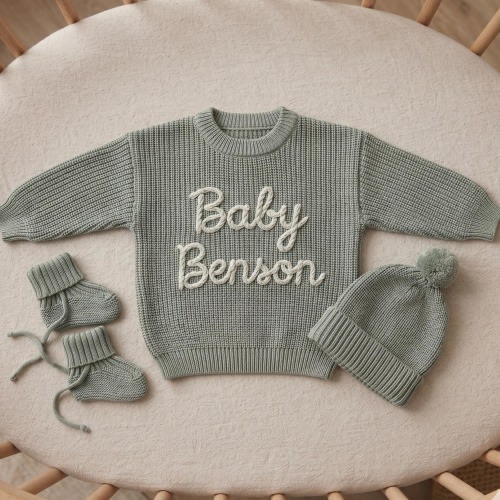 Custom Hand-Embroidered Baby Sweater, Chunky Knit Newborn Jumper, Personalized Name Outfit