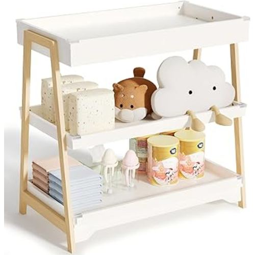 KORIMEFA Baby Changing Table with Two Open Shelves for Infant Daycare Essentials Storage - White with Natural Wood Legs
