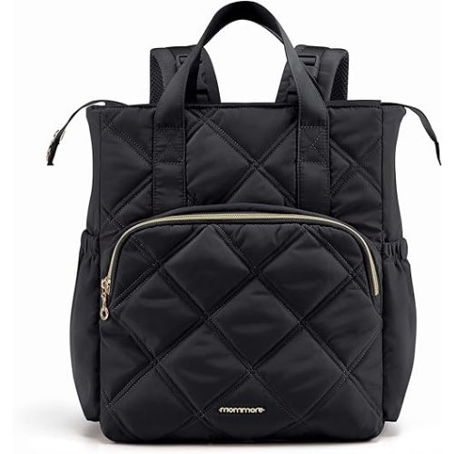 mommore Quilted Diaper Bag Backpack, Small Baby Bags, Lightweight Mini Diaper Backpack for Travel, with Insulated Pockets, Changing Pad (Black)