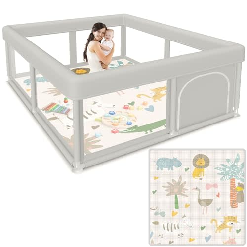 Baby Playpen 50x50 Inch Baby Playpen with Mat, Play Pen for Babies and Toddlers, Playard with Gate, Sturdy Safety Fence, Indoor & Outdoor Kids Activity Center