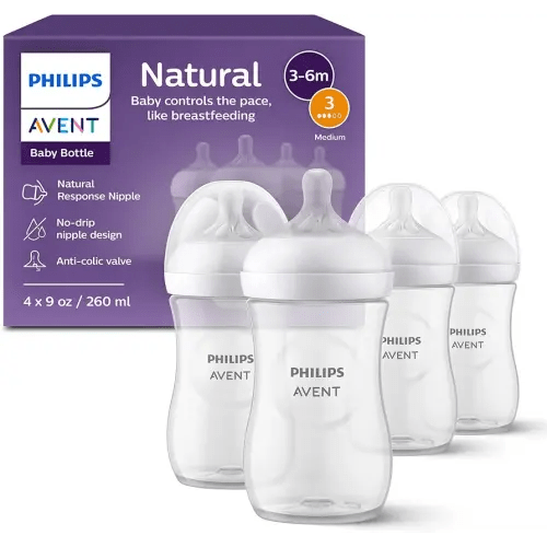 Philips Avent Natural Baby Bottles with Natural Response Nipples (Medium Flow, Flow 3), 9oz, 4-Pack, SCY903/04