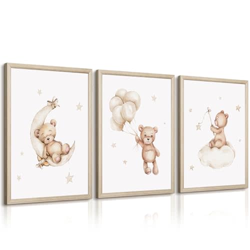 Bear Nursery Wall Art Decor Set of 3 Teddy Bear Canvas Wall Art Baby Boy Nursery Decor Prints Neutral Pictures Moon Star Cloud Print for Girls Children Room 12x16 Inch Wood Framed