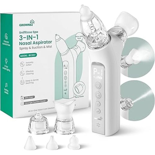 GROWNSY SniffEase Spa 3-in-1 Nasal Aspirator for Baby – Spray, Suction & Mist, Hospital-Grade Powerful Electric Nose Suction with Soothing Light & Music, Larger Chamber (Grey)