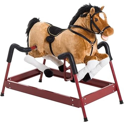 Qaba Durable Plush Toddlers Spring Rocking Horse, Bouncing Rocker Toy with Realistic Sounds