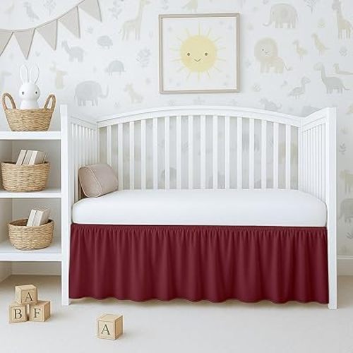 Cottington Lane Burgundy Crib Skirt Dust Ruffle, 100% Natural Cotton, Soft, Durable Nursery Crib Toddler Bedding Skirt for Baby Girls or Boys, Fits Standard Cribs 28" x 52" with 14" Drop