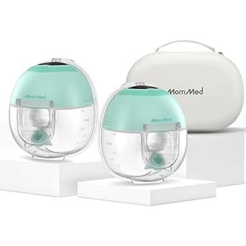 MomMed S33 Wearable Breast Pump with Case, Ultra-Quiet in-Bra Pump for Work & Night, One-Tap Pause, Night Light, Leakproof, 4 Modes 9 Levels, 17/19/21mm Inserts (Green, 2 Pack)