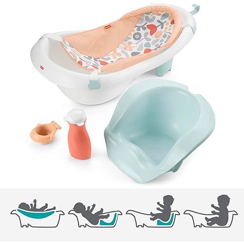 Fisher-Price™ Baby to Toddler Bath 4-in-1 Sling 'N Seat Tub with Removable Infant Support and 2 Toys, Summer Blossoms
