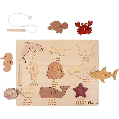 Adena Montessori Wooden Magnetic Fishing Game for Toddlers 2-4, 2-in-1 Ocean Animal Peg Puzzle with Numbers, Natural Wood Learning Toys for 2 3 4 Year Old Boys Girls