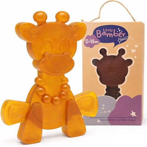LittleBamber Baby Teething Toy - Made with Natural Rubber & Amber Elements - Gentle Support, Easy to Hold, Simple to Clean - Cute Giraffe Teether Toy - Alternative to Amber Teething Necklace