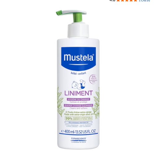 Mustela Liniment - No-Rinse Baby Cleanser for Diaper Change - with Extra Virgin Olive Oil - Fragrance-Free - 13.52 fl. Oz