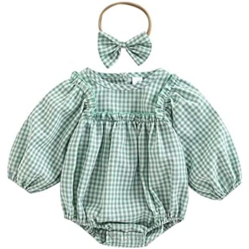 Douhoow Infant Baby Girl Plaid Romper Baby Sweatshirt Romper Ruffle Festival Clothes Fall Winter Outfits with Headband