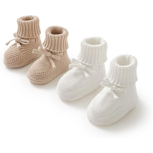 Baby Booties 100% Cotton Knitted Newborn First Cozy Warm Crib Shoes for Toddler Infant Boy Girl Babys Shower Gift