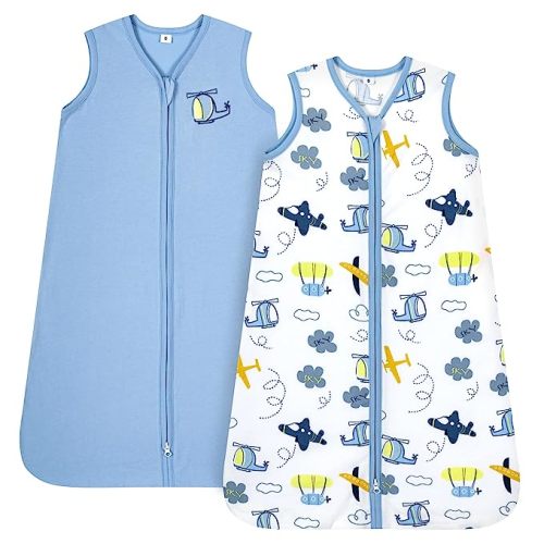 TILLYOU 2 Pack Infant Sleep Sack 0-6 Months 100% Cotton Wearable Blanket 0.5 TOG Sleeveless Summer Sleep Sacks with 2-Way Zipper, Sky Adventure & Sky Blue