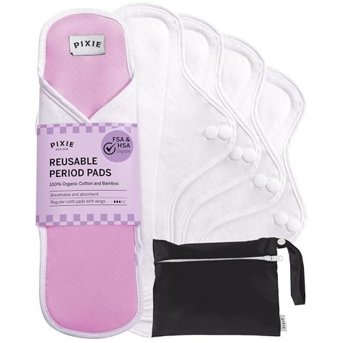Pixie Cotton Cloth Pads for Feminine Care - 100% Organic Reusable Pads - Ranked 1 for Softest Menstrual Sanitary Napkins - Machine Washable & Includes Free Wet Bag - Menstrual Liner (Regular)