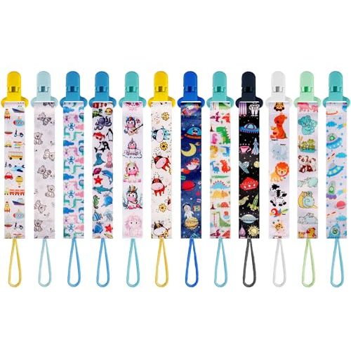 12 Pack Pacifier Clips with Adjustable Strap (32-46.5cm)/Short Strap(25.5cm) - Premium Polyester Baby Pacifier Holder Set, Multi-Design Clips for Boys Girls (Multicolor H 26cm)