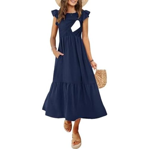 CzzzyL Women's Nursing Dress Flutter Short Sleeve Crew Neck Smocked Elastic Waist Tiered Midi with Pockets
