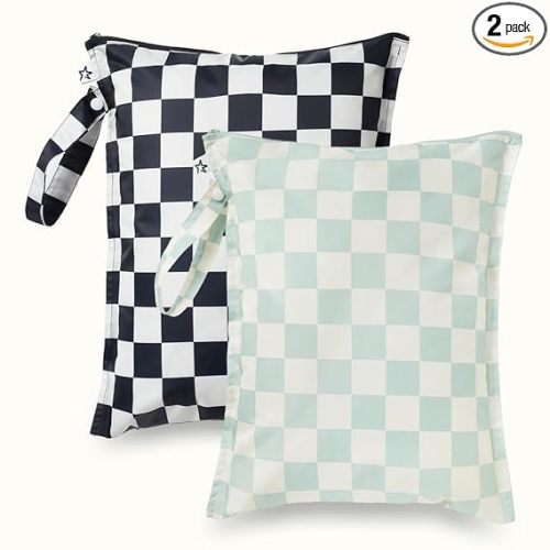 Tiny Twinkle Mess Proof Wet Bags | 2-Pack Reusable Waterproof Wet Bags for Swimsuits | Baby Clothes | Travel & Diaper Bag (Black, Green Checkers)
