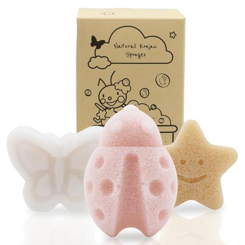 myHomeBody Konjac Sponge, Bath loofah, 3pc, Butterfly, Ladybug, Star | Natural Safe Plant-Based, Cute Shapes Bath Sponge for bathing, Shower Sponge for bath, Body Loofah, Shower Loofah, Face Luffa