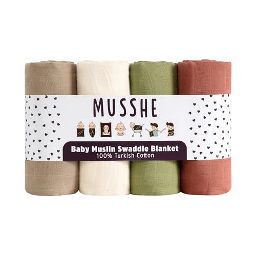 Muslin Swaddle Blankets - 4 Pack, 100% Organic Turkish Cotton Baby Blankets, Soft & Breathable Newborn Swaddles, Baby Wrap for Boys & Girls, Ideal for Sensitive Skin (4 Pcs, 40x40 Inch)