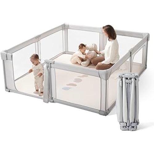 Baby Playpen Portable, Pre-Assembled Play Pen 71x79 Large Foldable Playpen for Babies and Toddlers, Sturdy and Safe Toddler Play Yard Indoor Outdoor with Carry Bag, Grey