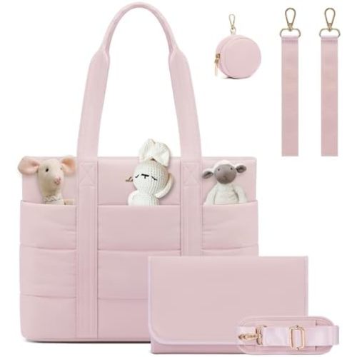 LOVEVOOK Diaper Bag Tote, 15.6inch Puffer Baby Diaper Bag Waterproof Travel Diaper Tote with Changing Pad Pacifier Case