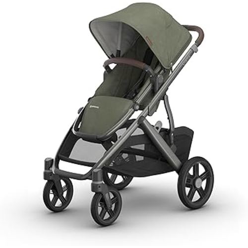UPPAbaby Vista V3 Stroller - Full-Size Single-to-Double Stroller System - Toddler Seat, Bug Shield, Rain Shield, and Storage Bag Included - Evelyn (Meadow Green/Graphite Frame/Chestnut Leather)