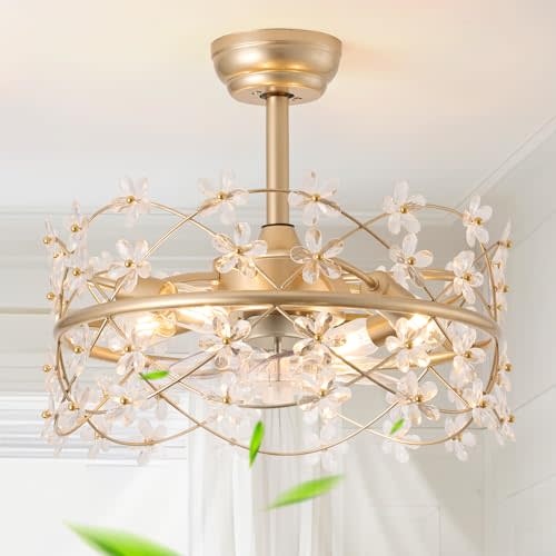 youngrender 20 Inch Gold Caged Ceiling Fan with Light, Flower Chandelier Ceiling Fan with Lights Remote Control, Frower Crystal Fandelier 6 Speeds for Girl's Bedroom, Living Room