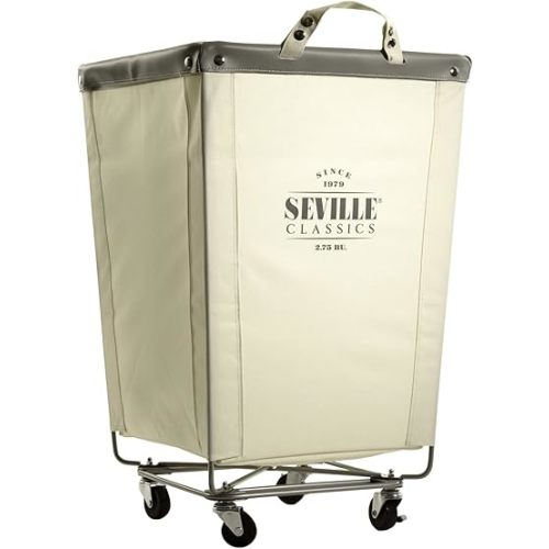 Seville Classics Large Commercial Heavy Duty Rolling Steel Frame Laundry Hamper Canvas Cart Bin, w/ Wheels for Hotel, Home, Closet, Bedroom (PATENTED), Cream, 18.1" D x 18.1" W