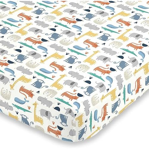 Carter's Colorful Modern Safari Animals Super Soft Fitted Crib Sheet, Orange, Green, Blue, Grey (6717003P)