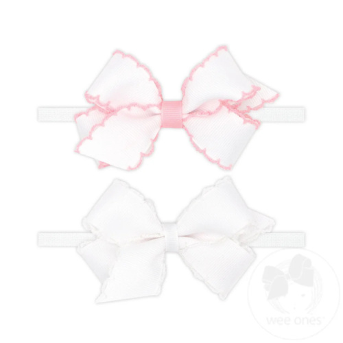 GIFT PACK! Two Mini Grosgrain Bows with Moonstitch Edge on Skinny Nylon Band - WHL/WHW | Wee Ones Hair Bows & Accessories