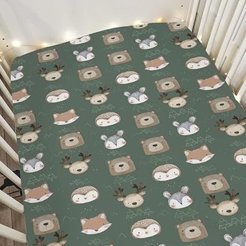 Green Baby Animals Crib Sheets for Boy Girl 52x28Inch Bear Deer Bunny Trees Mountain Soft Snug Fitted Crib Mattress Covers Spring Animals Baby Sheet for Standard Crib & Toddler Mattress