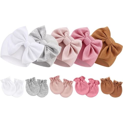BQUBO Newborn Baby Girls Hats Mittens Set Hospital Hat Beanie Infant Bow Hats Baby Cotton Gloves for 0-6 Months