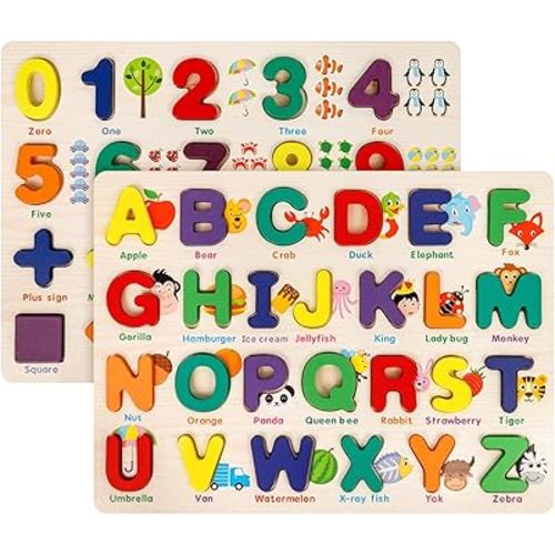Attmu Wooden Puzzles for Toddlers, 2 Pcs Alphabet Puzzle ABC Shape Number Puzzle Patterns, Learning Toys for Kids, Preschool Educational Activities Toddler Gift Toys for Girls Boys Christmas Easter