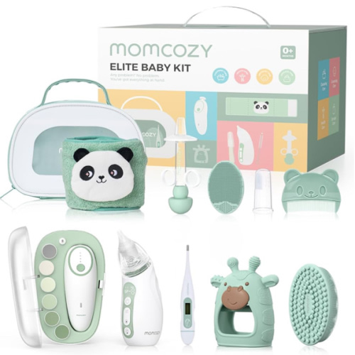 Momcozy Elite Baby Kit, Superior Baby Shower & Registry Essential Kit for Grooming & Health & Cleansing Care, Electric Nail File & Nasal Aspirator,Tummy Wrap,Thermometer,Bath Brush,Teether,Storage Bag