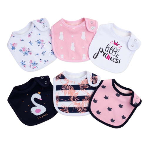 6 Pack Cute Little Princess Baby Feeding Drool Bibs, Double Layer 100% Cotton Waterproof Liner, Adjustable Snap Reusable Bibs for Newborn Toddler Boys & Girls