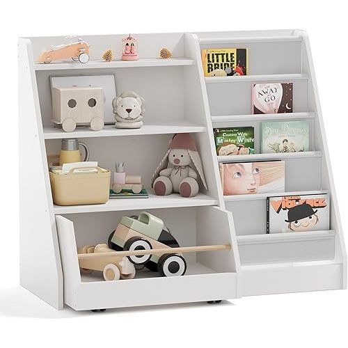 NACHES Kids Bookshelf,Toddler Bookcase Toy Bin with 1 Drawer 3 Sling Pockets –Children Bookshelf with Storage for Bedroom,Nursery or Playroom FSC Wood,Trapezoid 35" W, White (1 Movable Drawer)
