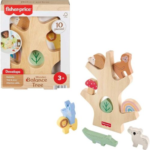 Fisher-Price Wooden Balance Tree Stacking Toy with 10 Pieces, Developmental Preschool Toy for Kids Ages 3+