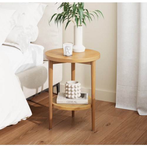 Wood & Rattan Round End Table Warm Pine