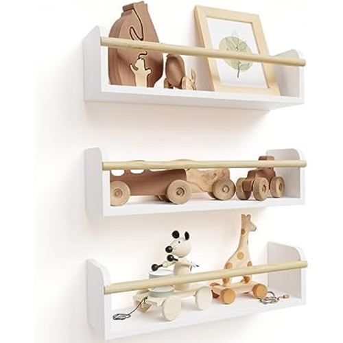 Decorative Nursery Bookshelves for Kids - Set of 3 Easy to Install Floating Shelves for Wall Mount - Beautiful Hanging Organizer Furniture for Your Baby Boy or Girl's Bedroom and Play Room Decor