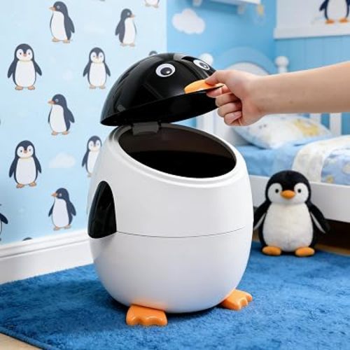 URALFA Kids Trash Can, 3.2 Gal Penguin Trash Can, Removable Inner Bucket