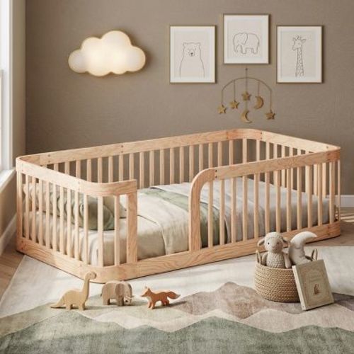 Polibi Wooden Floor Bed Frame with Fence Guardrails & Rounded Corners, Twin, Natural
