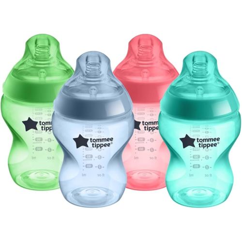 Tommee Tippee Natural Start Anti-Colic BPA Free Baby Bottles, 9oz, Slow-Flow Breast-Like Nipple for a Natural Latch, Designed for Seamless Transitions Between Bottle and Breast, Fiesta, Pack of 4