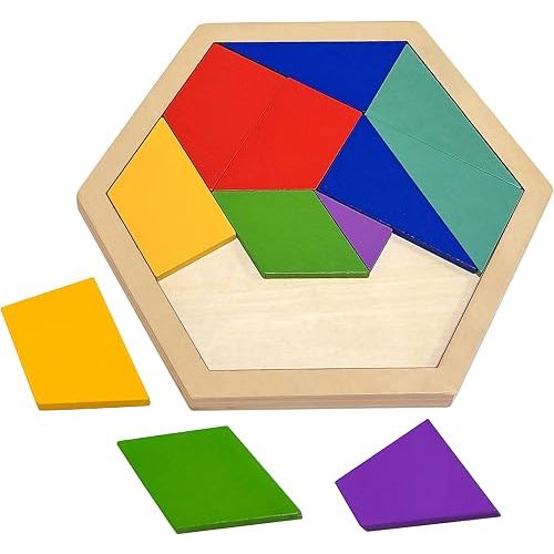 KINGOU Wooden Hexagon Puzzle Tangram for Kids and Adults, 12 Large Pieces Montessori Geometric Shape Brain Teasers, STEM Logic Game Learning Toy, Creative Desktop Coffee Table Travel Puzzle Gift