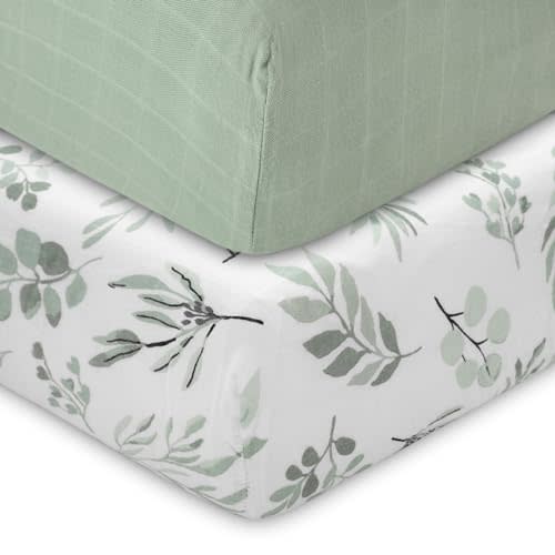 Organic Muslin Fitted Crib Sheet - Eucalyptus Leaves and Sage Solid Crib Sheet for Standard Crib and Toddler Mattresses, Soft and Breathable, 28”x52”