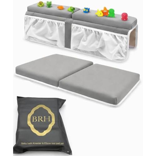 BRH Baby Bath Kneeler & Elbow Rest pad Set for Bath Toys,Baby Bathtub – 1.5 inches Thick Cushion, Non-Slip, 4 Mesh Pockets, Baby Essentials knelling pad, Baby Bath mat