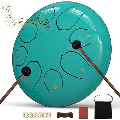 Rain Drum for Outside Garden, 6 Inches 8 Notes Steel Tongue Chakra Drums, Waterproof Meditation Rain Chime, Musical Instruments for Adult Gift with Bag, Music Book, Drum Mallets (Blue)