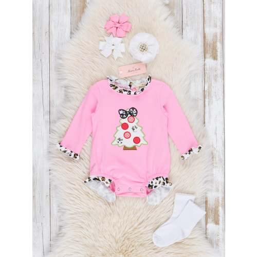 Pink & Leopard Christmas Tree Ruffle Bubble Romper