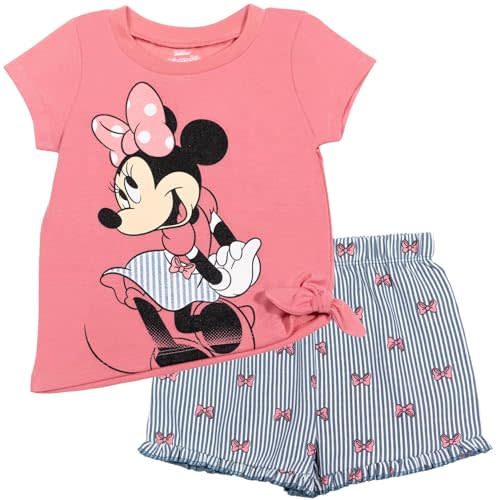 Disney Minnie Mouse Rainbow Floral T-Shirt and Chambray Shorts Outfit Set Infant to Big Kid Sizes (12 Months - 14-16)