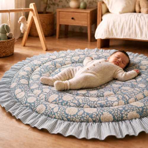 Dusty Blue Quilted Play Mat Ruffle, Play Mat For Newborns, Baby play mat, Baby Rug, Round Baby Mat, Nursery Floor mat, Infant Activity Mat